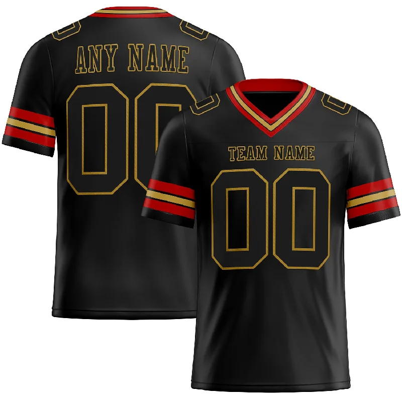 Football Jersey With Snap Button Closure-Custom Black Old Gold-Red Mesh Authentic Football Jersey