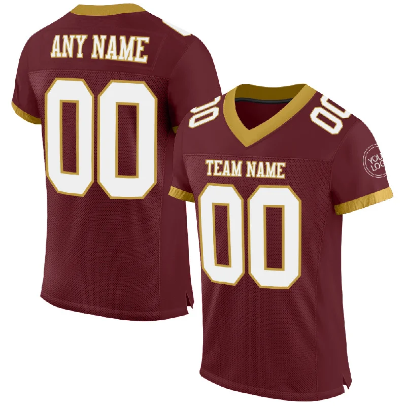 Football Jersey With Ventilated Side Panels-Custom Burgundy White-Old Gold Mesh Authentic Football Jersey