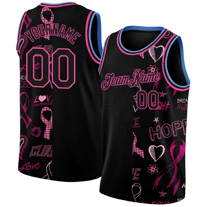 Basketball Jersey With Inspirational Quotes-Custom Black Pink-Light Blue 3D Pattern Design Pink Ribbon Breast Cancer Awareness Month Women Health Care Support Authentic Basketball Jersey