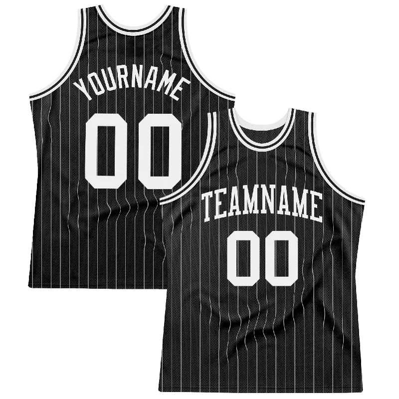 Basketball Jersey With High-End Materials-Custom Black White Pinstripe White Authentic Basketball Jersey