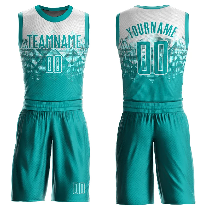 Basketball Jersey With Laser-Cut Perforations-Custom White Aqua Round Neck Sublimation Basketball Suit Jersey