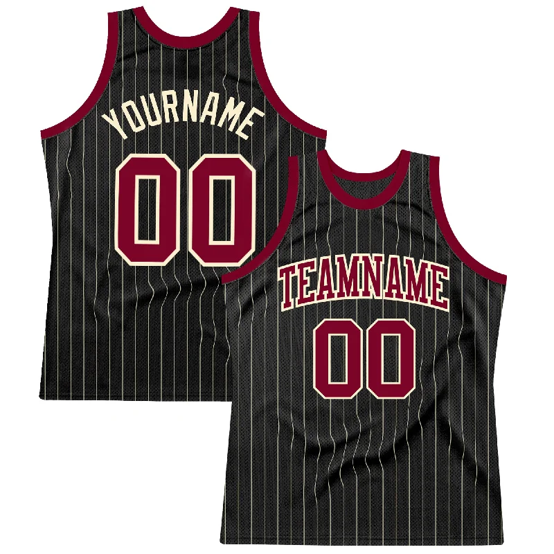 Basketball Jersey With Stitched Logos-Custom Black Cream Pinstripe Maroon-Cream Authentic Basketball Jersey