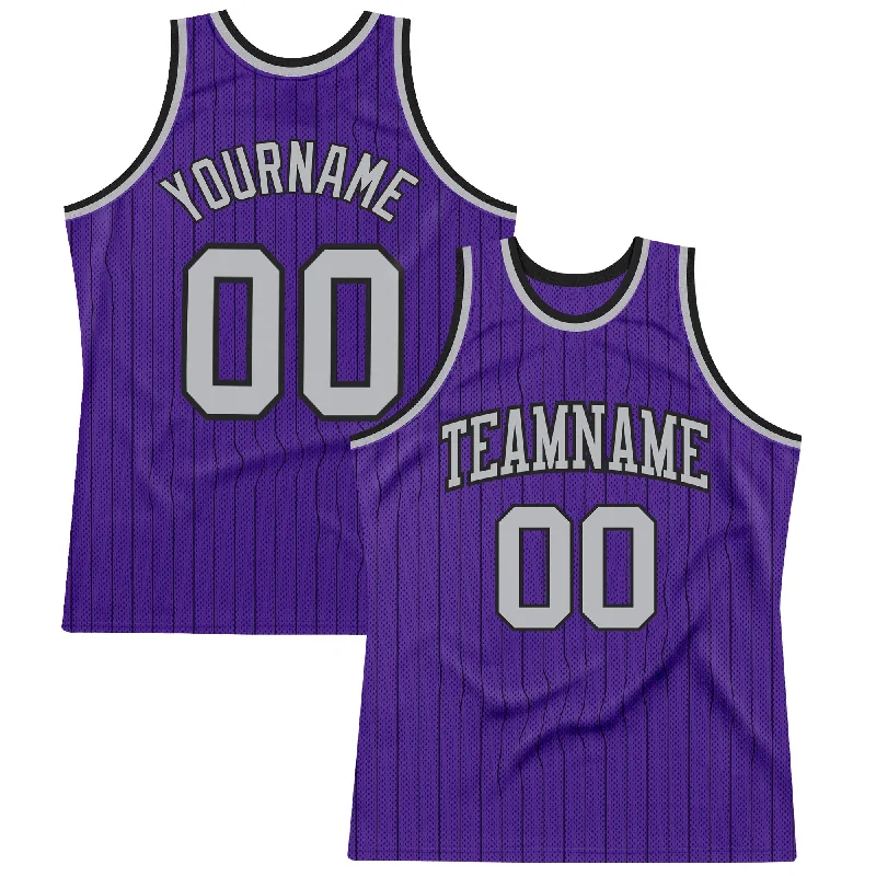 Basketball Jersey With 360-Degree Stretch-Custom Purple Black Pinstripe Gray Authentic Basketball Jersey