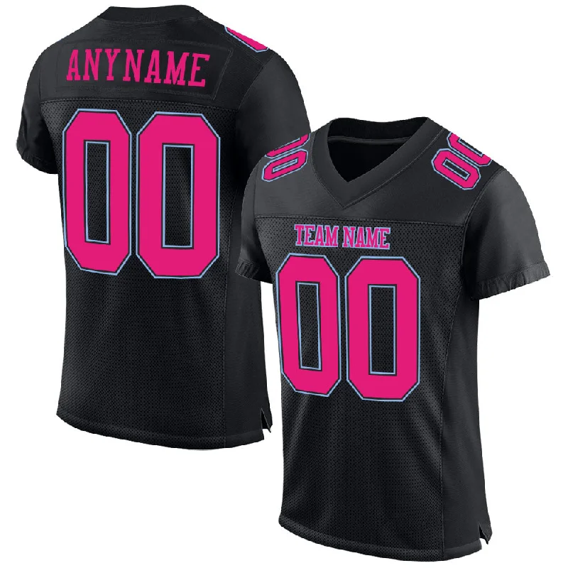 Football Jersey For Training-Custom Black Hot Pink-Light Blue Mesh Authentic Football Jersey