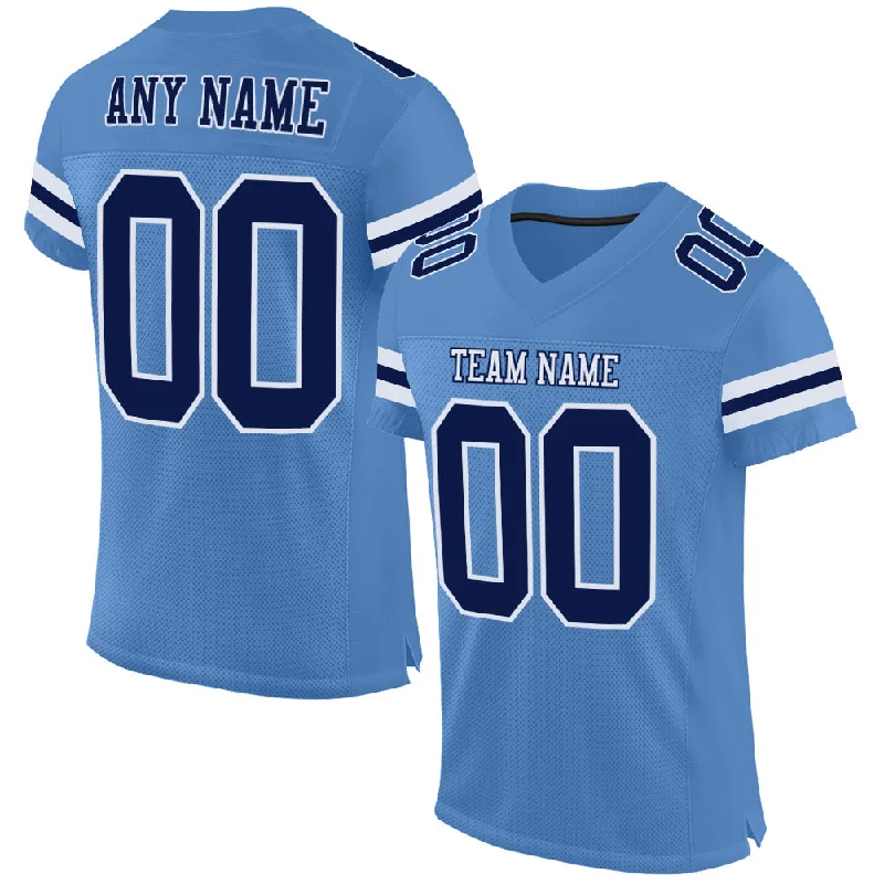 Football Jersey With Patches-Custom Light Blue Navy-White Mesh Authentic Football Jersey