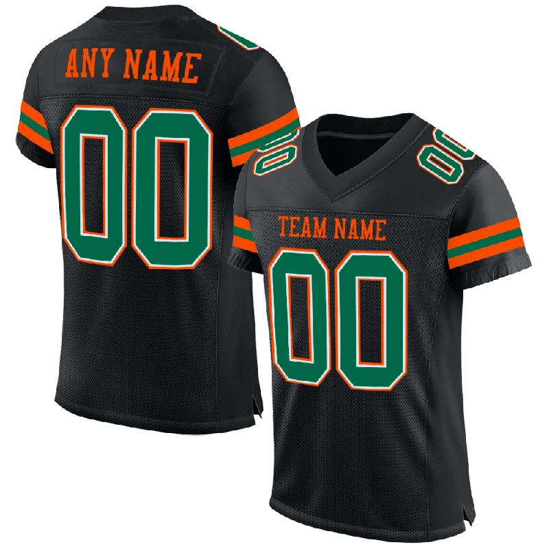 Football Jersey With Satin Finish-Custom Black Kelly Green-Orange Mesh Authentic Football Jersey