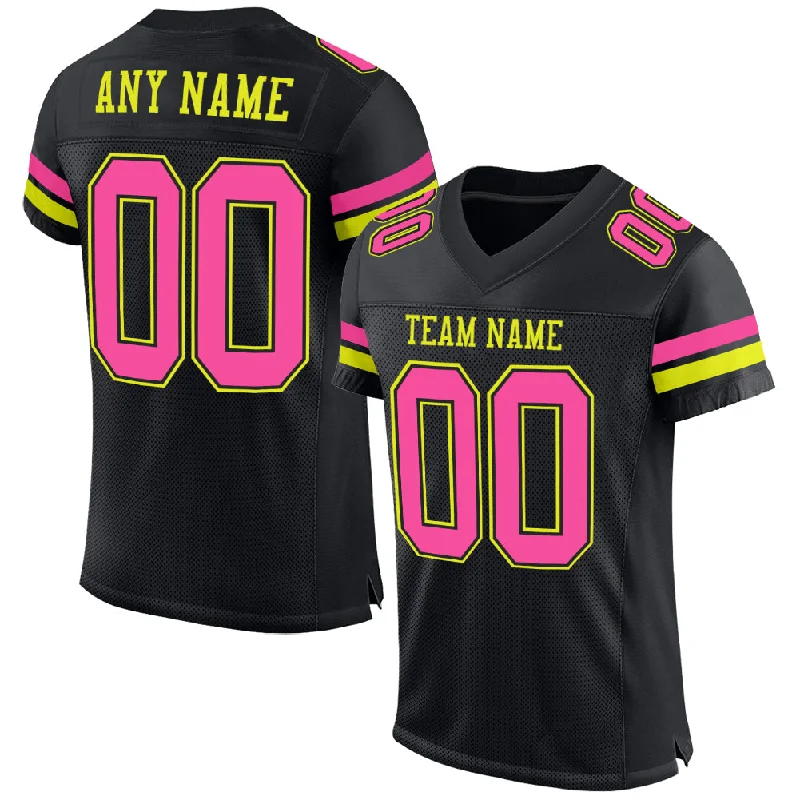 Football Jersey With Ribbed Sleeves-Custom Black Pink-Neon Yellow Mesh Authentic Football Jersey