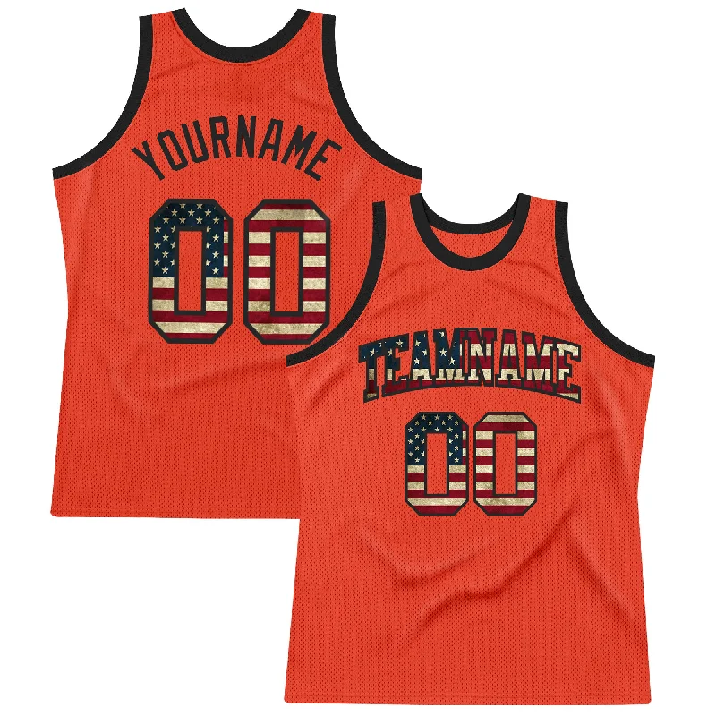 Basketball Jersey With Classic Fit-Custom Orange Vintage USA Flag-Black Authentic Throwback Basketball Jersey