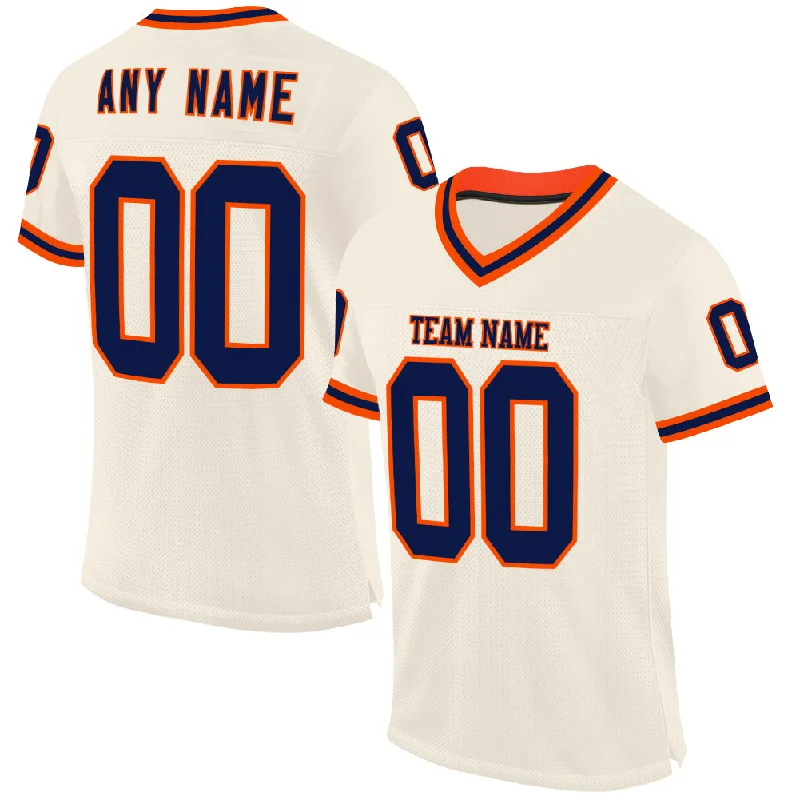 Football Jersey With Lightweight Padding-Custom Cream Navy-Orange Mesh Authentic Throwback Football Jersey