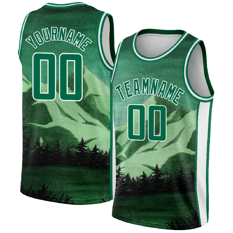 Basketball Jersey With Classic Pinstripes-Custom Kelly Green White 3D Pattern Design Natural Landscape Watercolor Style Authentic Basketball Jersey