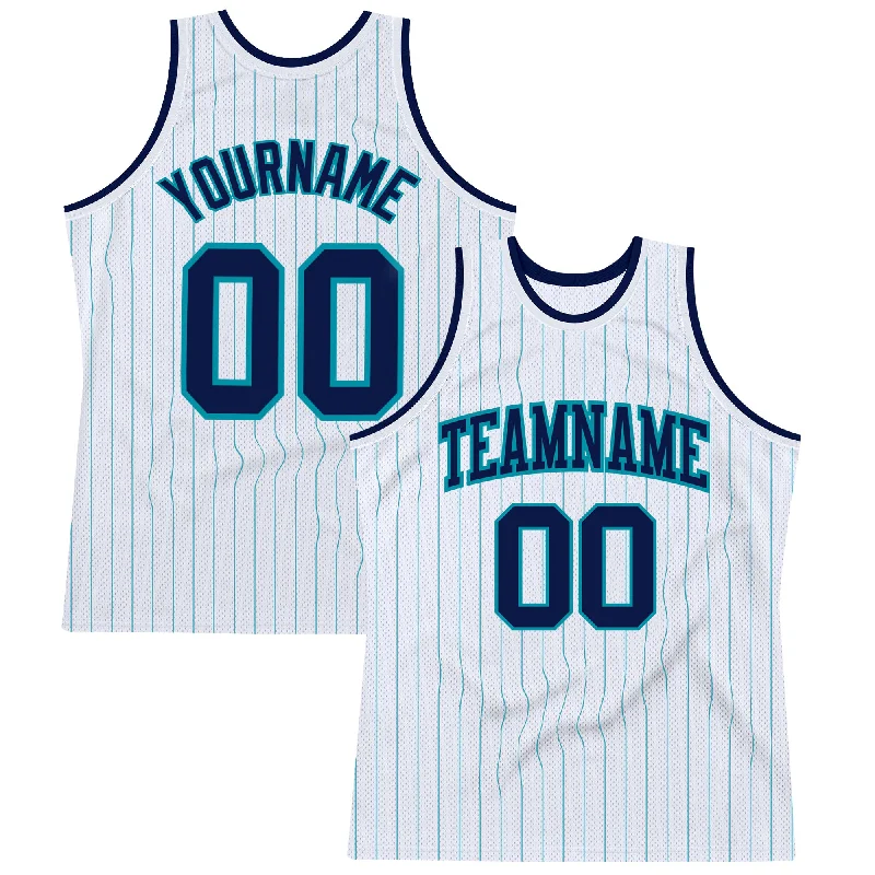 Basketball Jersey With Designer Collaboration-Custom White Teal Pinstripe Navy Authentic Basketball Jersey