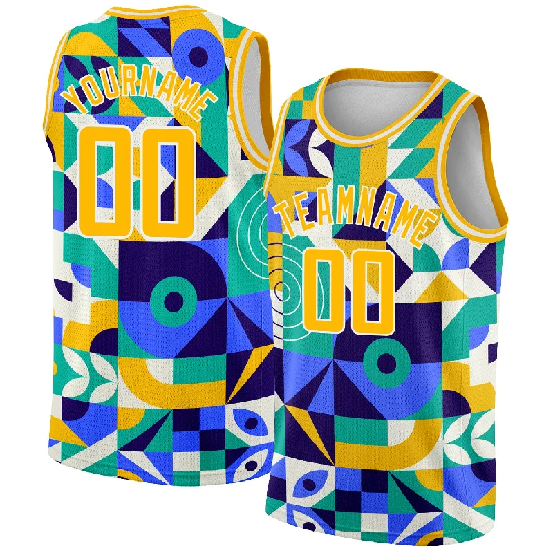 Basketball Jersey With Ergonomic Fit-Custom Royal Gold-White 3D Pattern Design Abstract Geometric Shapes Authentic Basketball Jersey