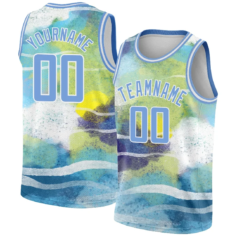 Basketball Jersey With Player Nicknames-Custom White Light Blue 3D Pattern Design Abstract Landscape Watercolor Style Authentic Basketball Jersey