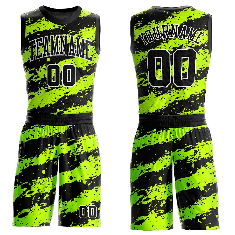 Basketball Jersey With Zip Closure-Custom Neon Green Black-White Round Neck Sublimation Basketball Suit Jersey