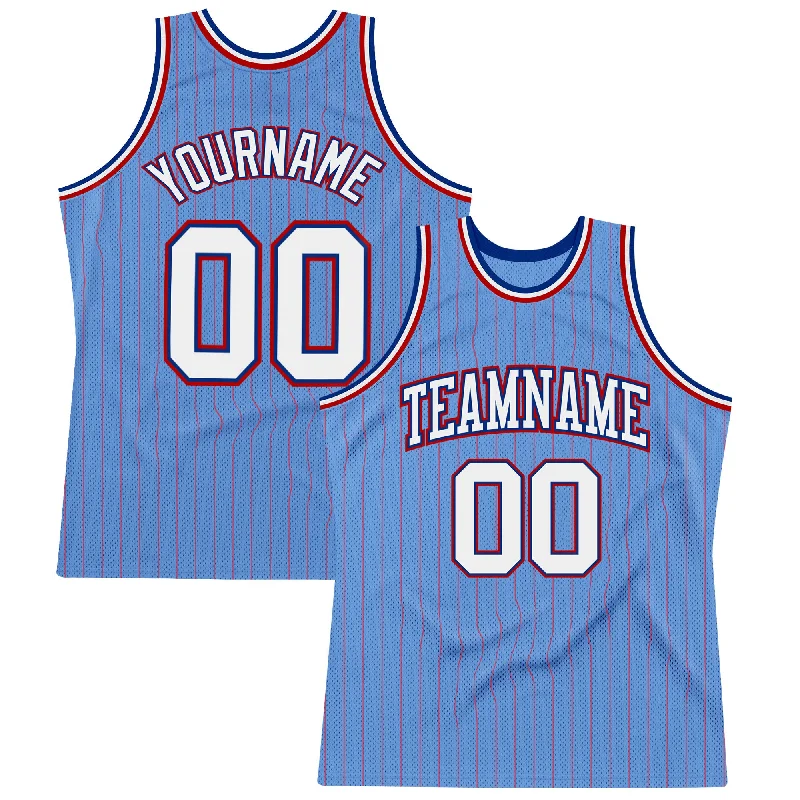 Basketball Jersey With Organic Cotton Blend-Custom Light Blue Red Pinstripe White-Royal Authentic Basketball Jersey