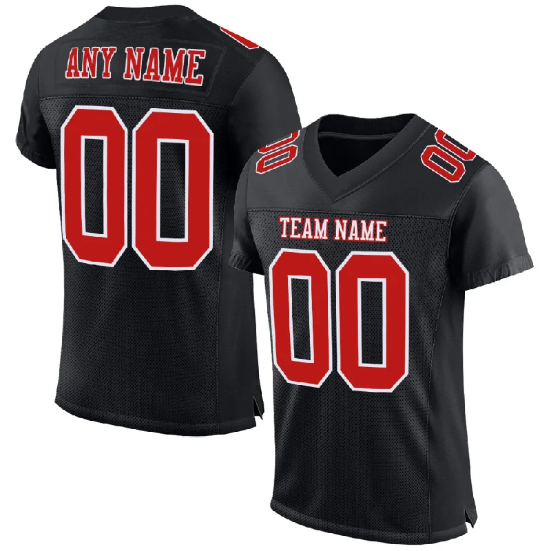 Football Jersey With Metallic Foil Details-Custom Black Fire Red-White Mesh Authentic Football Jersey