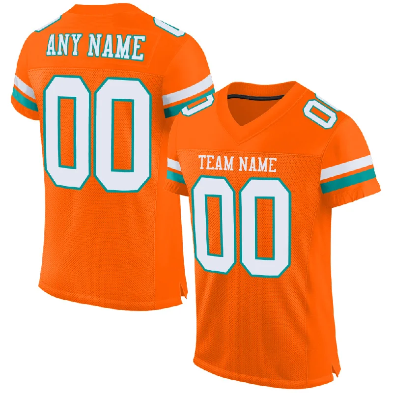 Football Jersey With Water Resistance-Custom Orange White-Aqua Mesh Authentic Football Jersey