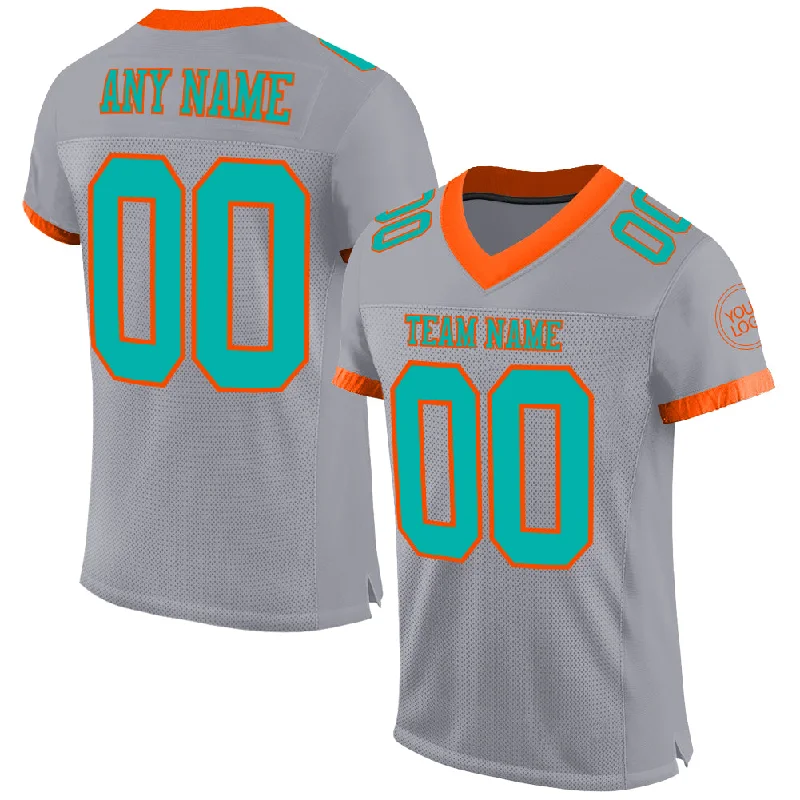 Football Jersey With Patches-Custom Gray Aqua-Orange Mesh Authentic Football Jersey