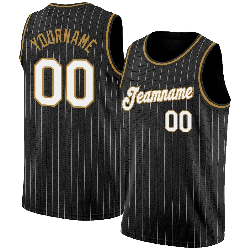 Basketball Jersey With Adjustable Fit-Custom Black White Pinstripe White-Old Gold Authentic Basketball Jersey