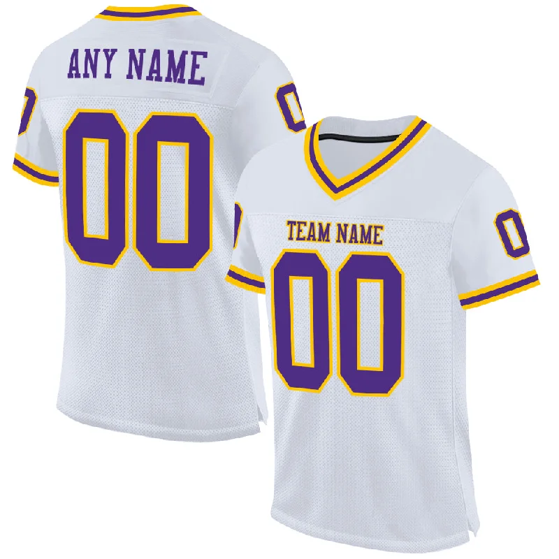 Football Jersey With Slim Fit-Custom White Purple-Gold Mesh Authentic Throwback Football Jersey