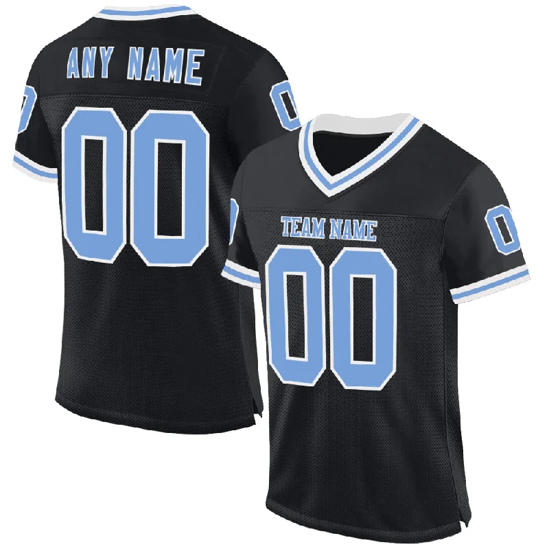 Football Jersey With Vintage Look-Custom Black Light Blue-White Mesh Authentic Throwback Football Jersey