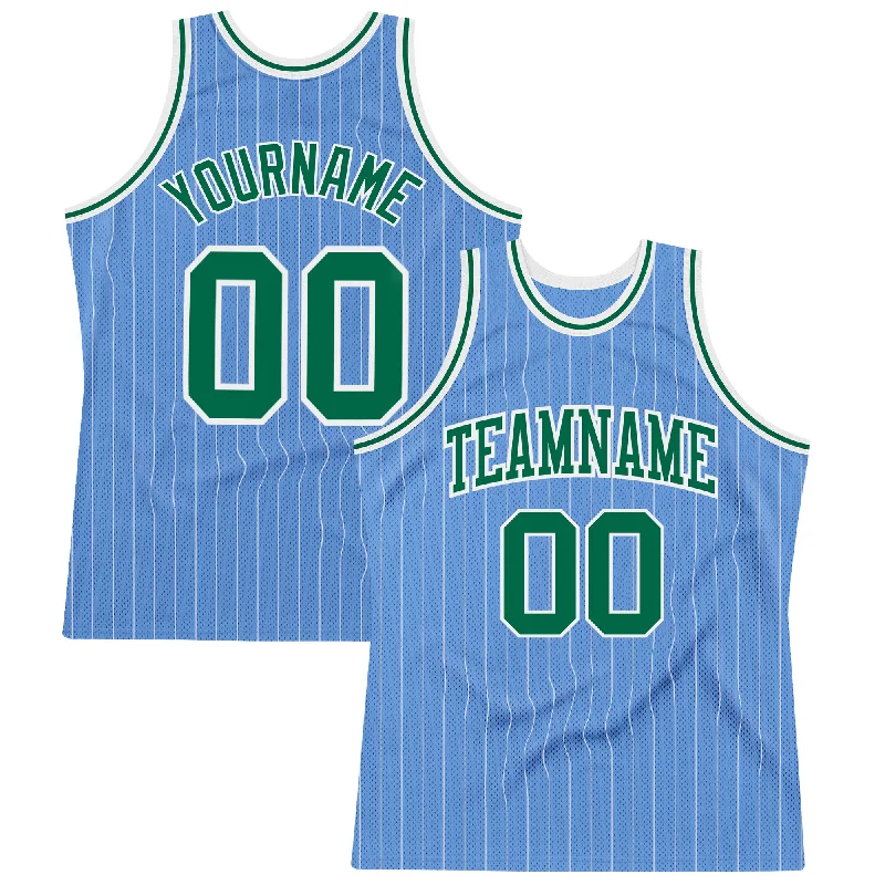 Basketball Jersey With Extended Length-Custom Light Blue White Pinstripe Kelly Green Authentic Basketball Jersey