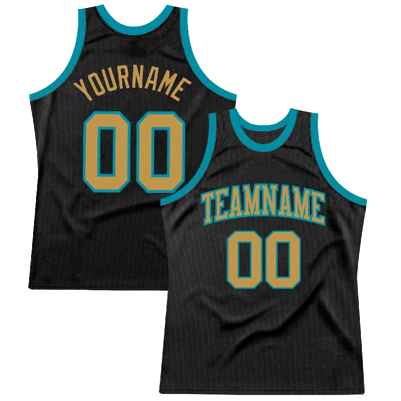 Basketball Jersey For Training-Custom Black Old Gold-Teal Authentic Throwback Basketball Jersey