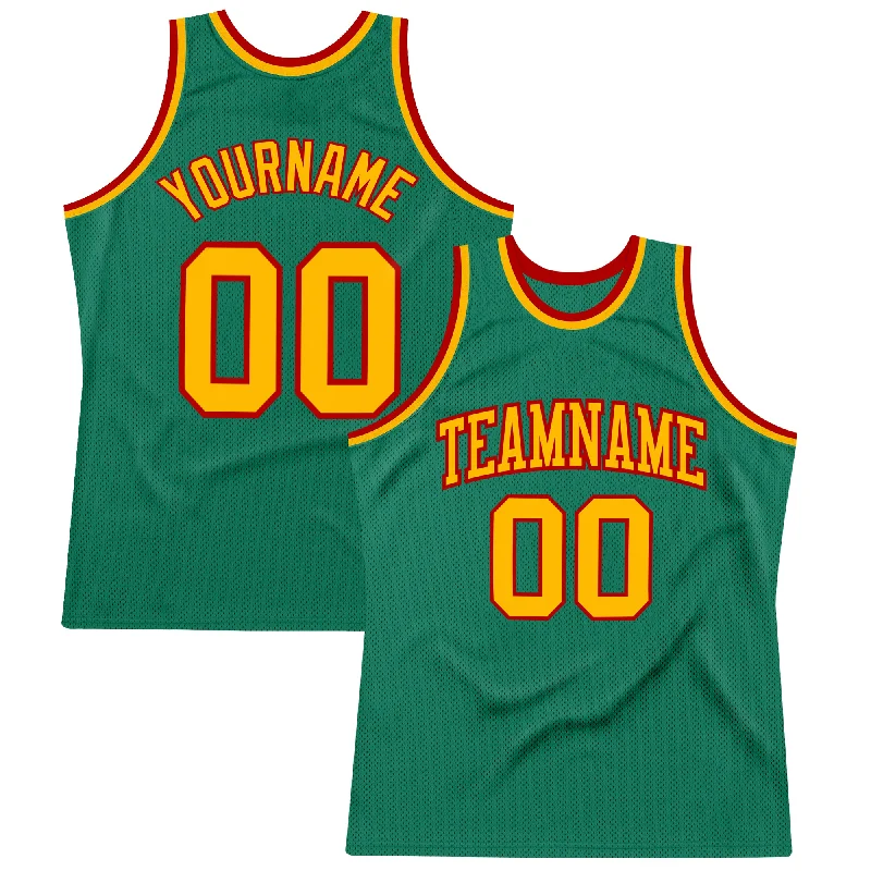 Basketball Jersey With Ergonomic Fit-Custom Kelly Green Gold-Red Authentic Throwback Basketball Jersey