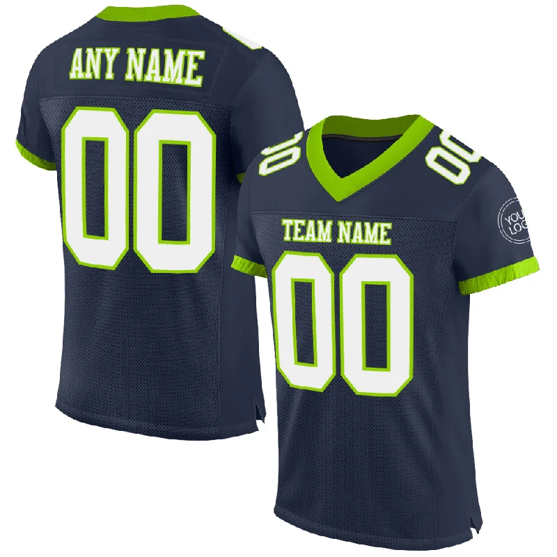 Football Jersey With Puffy Print-Custom Navy White-Neon Green Mesh Authentic Football Jersey