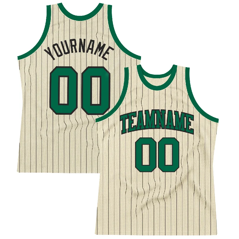 Basketball Jersey With Reinforced Seams-Custom Cream Black Pinstripe Kelly Green Authentic Basketball Jersey