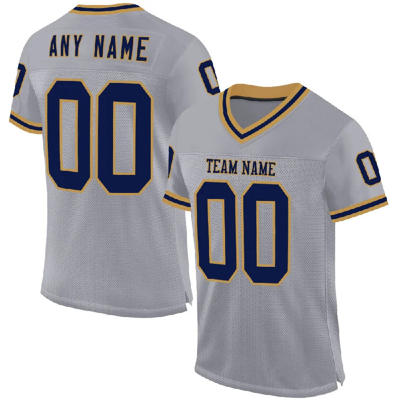 Football Jersey With Zip Closure-Custom Gray Navy-Old Gold Mesh Authentic Throwback Football Jersey