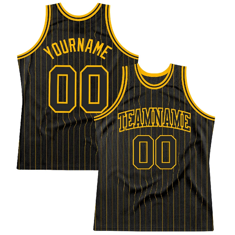 Basketball Jersey With Heat-Pressed Graphics-Custom Black Gold Pinstripe Black-Gold Authentic Basketball Jersey