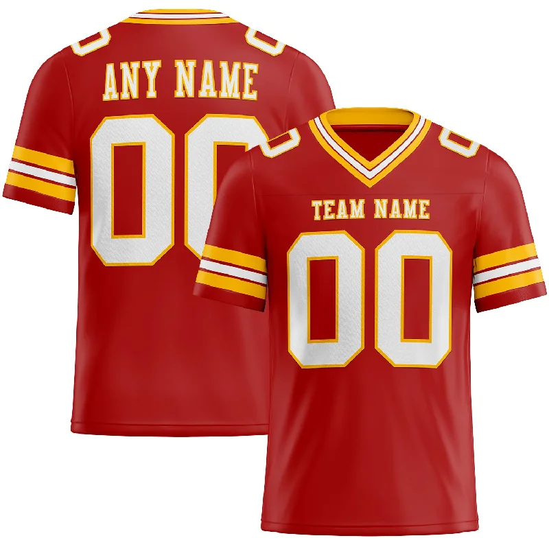 Football Jersey With Classic Fit-Custom Red White-Gold Mesh Authentic Football Jersey