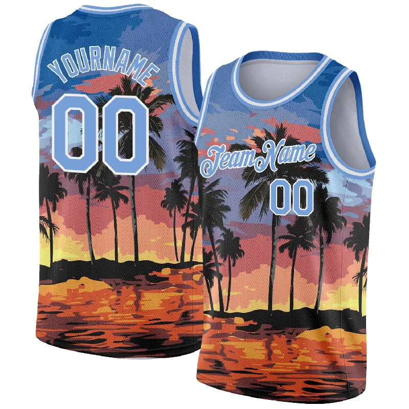 Basketball Jersey With High-Tech Material-Custom Light Blue White 3D Pattern Tropical Hawaii Palm Trees Authentic Basketball Jersey