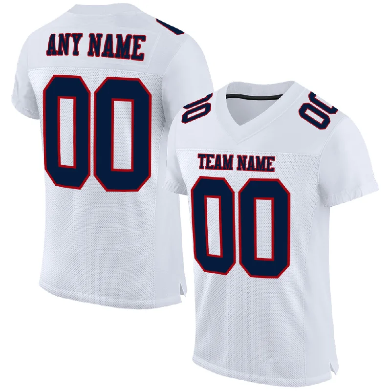 Football Jersey With High School Team Logos-Custom White Navy-Red Mesh Authentic Football Jersey