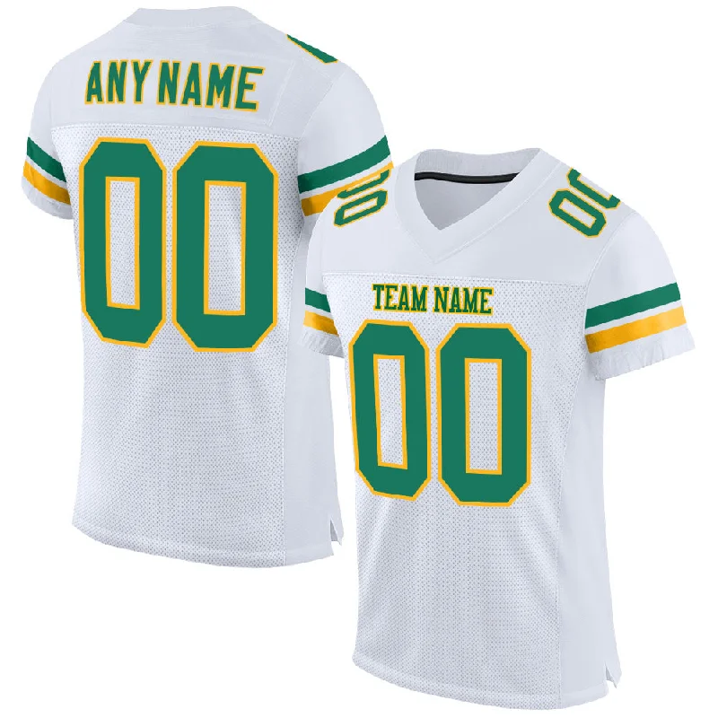 Football Jersey With Embroidery-Custom White Kelly Green-Gold Mesh Authentic Football Jersey