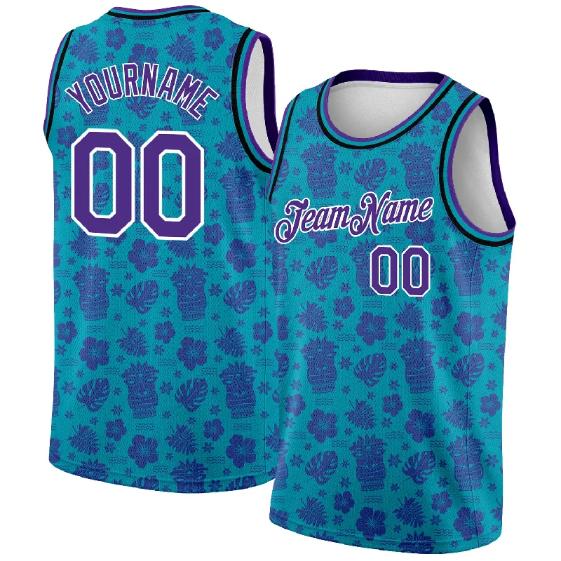 Basketball Jersey With Classic Fit-Custom Teal Purple-White 3D Pattern Hawaii Palm Trees Authentic Basketball Jersey