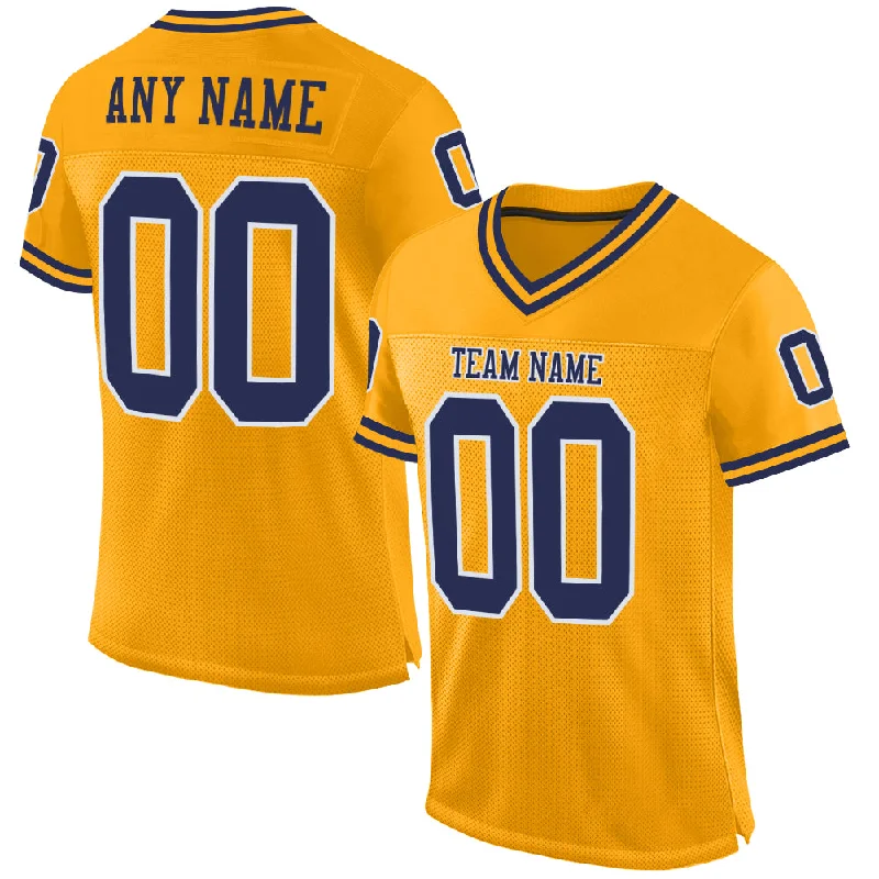 Football Jersey With Funny Slogans-Custom Gold Navy-White Mesh Authentic Throwback Football Jersey