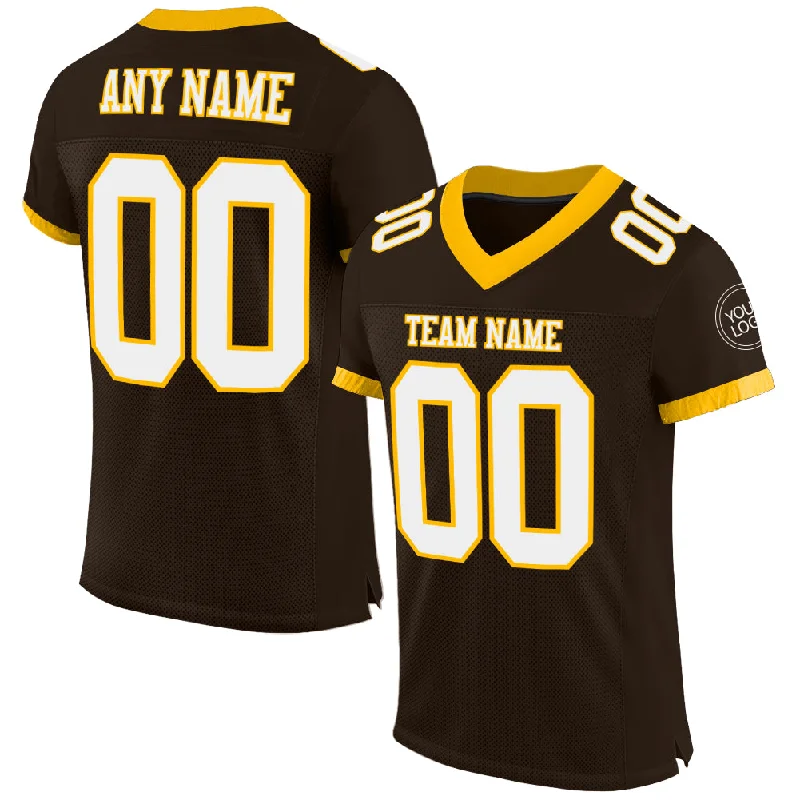 Football Jersey With Custom Name-Custom Brown White-Gold Mesh Authentic Football Jersey