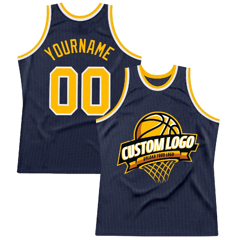 Basketball Jersey With Minimalist Look-Custom Navy Gold-White Authentic Throwback Basketball Jersey