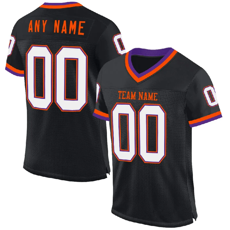 Football Jersey With Puffy Print-Custom Black Purple-Orange Mesh Authentic Throwback Football Jersey