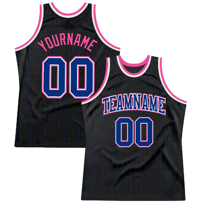 Basketball Jersey With Long Sleeves-Custom Black Royal Pinstripe Royal-Pink Authentic Basketball Jersey