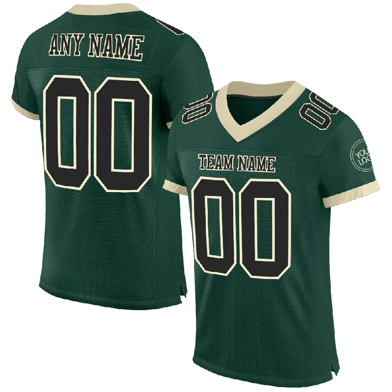 Football Jersey With Stitched Logos-Custom Green Black-Cream Mesh Authentic Football Jersey