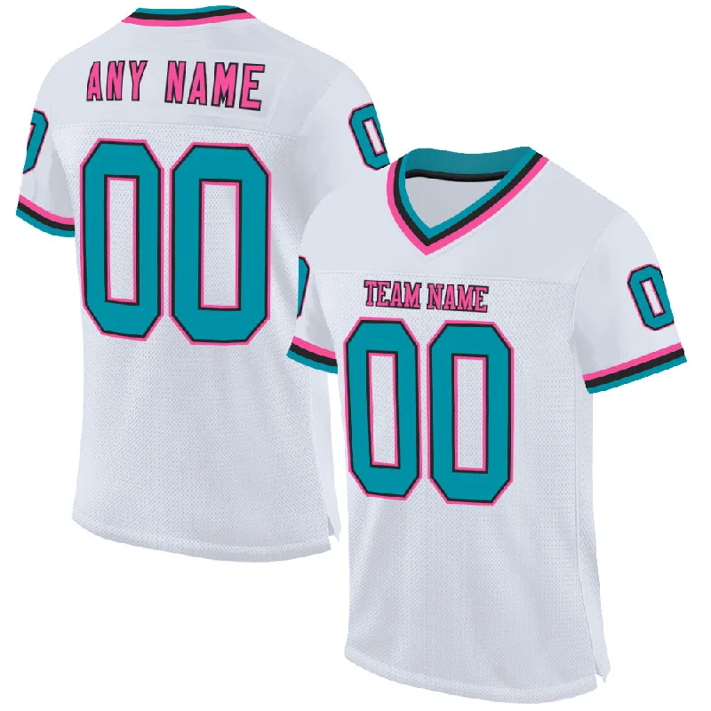 Football Jersey With Sustainable Fabric-Custom White Teal Black-Pink Mesh Authentic Throwback Football Jersey