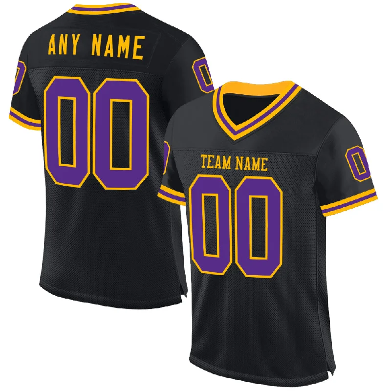 Football Jersey With High School Team Logos-Custom Black Purple-Gold Mesh Authentic Throwback Football Jersey