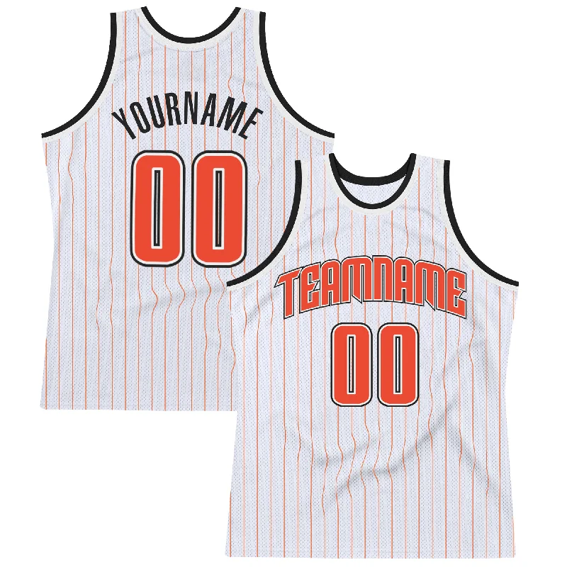 Basketball Jersey With Subtle Logos-Custom White Orange Pinstripe Orange-Black Authentic Basketball Jersey