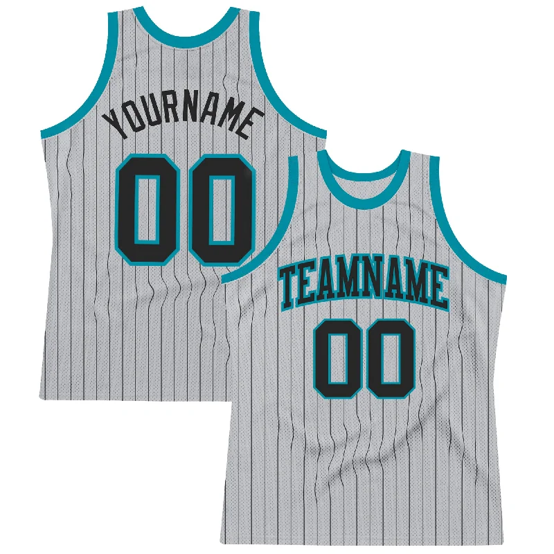 Basketball Jersey With Padded Shoulders-Custom Gray Black Pinstripe Black-Teal Authentic Basketball Jersey