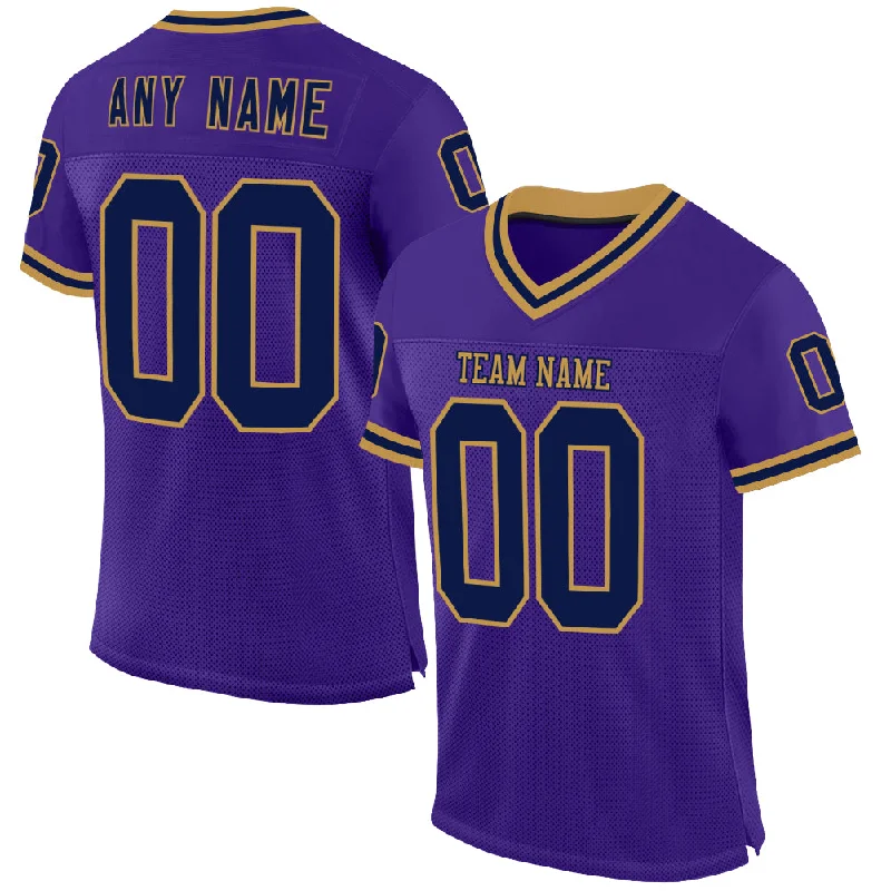 Football Jersey With Glow-In-The-Dark Print-Custom Purple Navy-Old Gold Mesh Authentic Throwback Football Jersey