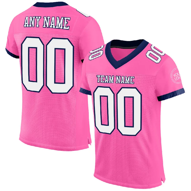 Football Jersey With Fade-Resistant Print-Custom Pink White-Navy Mesh Authentic Football Jersey