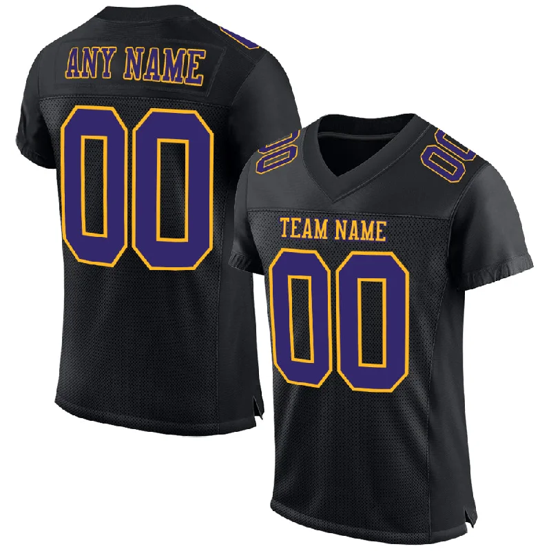 Football Jersey With Elastic Armholes-Custom Black Purple-Gold Mesh Authentic Football Jersey